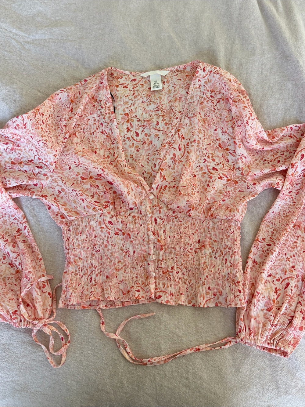 H&M Pink Floral Smocked V-Neck Blouse